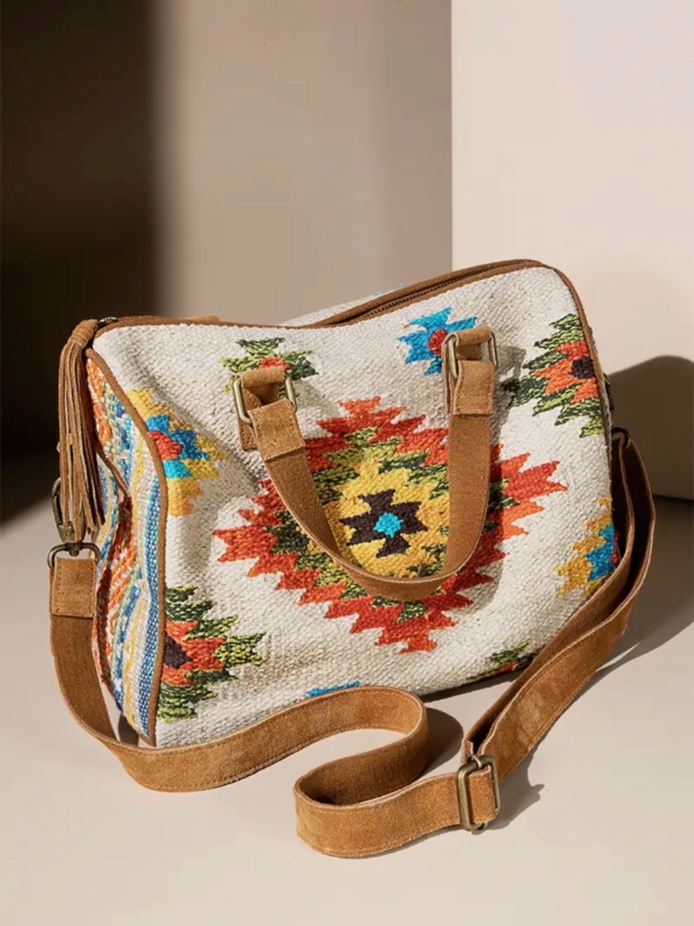 Handwoven Boho Satchel Bag in Cream & Multicolor - Picture 6 of 6